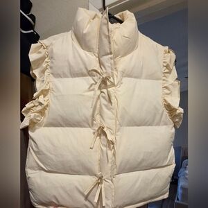 Cream Puffer Vest with Ruffle Details